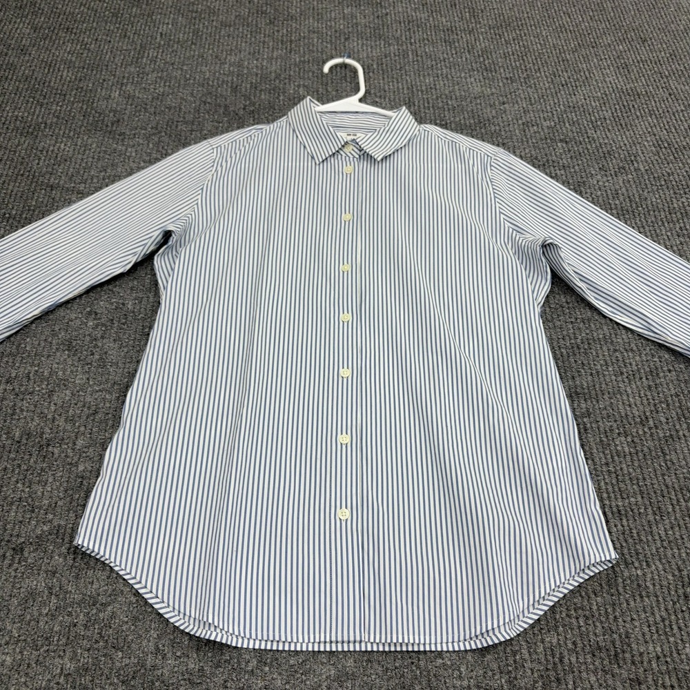 Uniqlo Button Down Shirt Womens L Blue White Striped Cotton Blend Classic Style